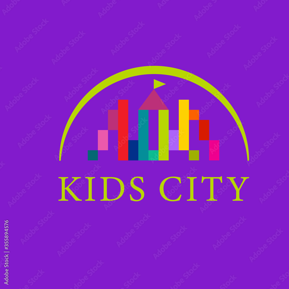 Vector image of a children's town, castle, house with towers of multi-colored geometric shapes and text. Logo of a kids city, children's zone, children's room, kindergarten, playground, toy store.