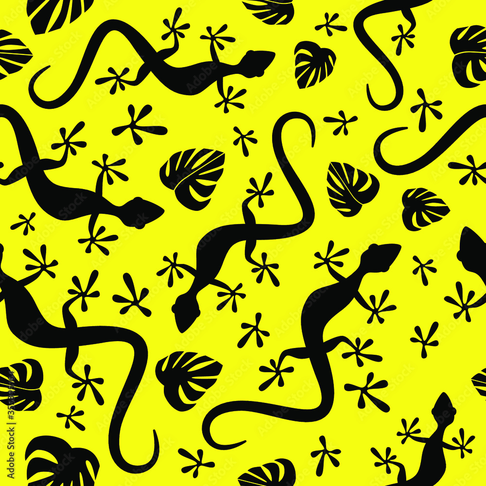 Fototapeta premium Seamless pattern. Black lizards and monstera leaves on yellow backround. Vector graphic illustration.