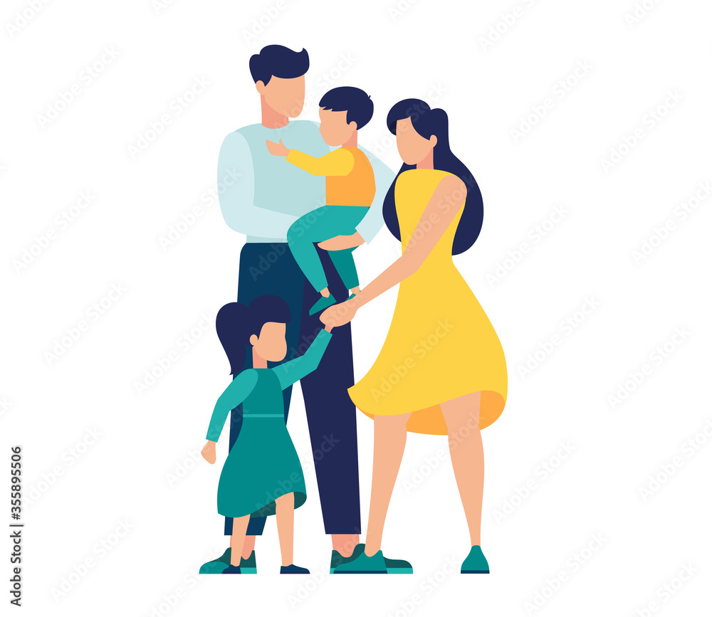 vector illustration of a happy family, mother father daughter son holding hands and hugging, complete prosperous family