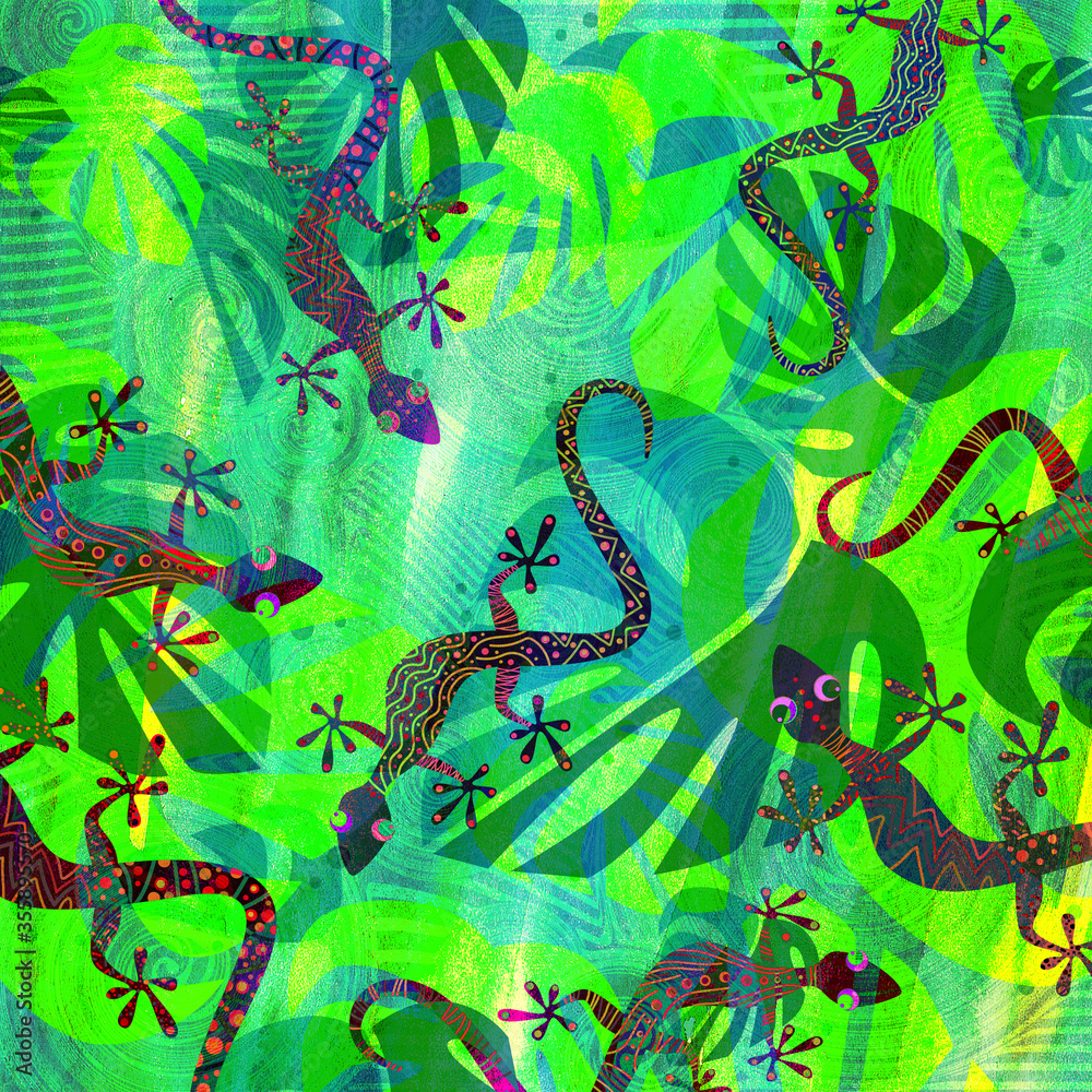 Obraz premium Funny cartoon lizards sitting on green leaves. Artistic graphic illustration.