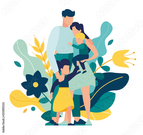 vector illustration of a happy family, mother father daughter son holding hands and hugging, complete prosperous family