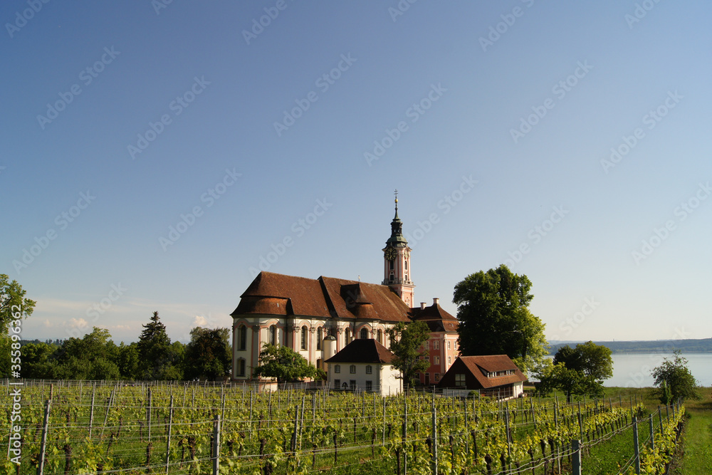 Basilica Birnau behind vineyards, a baroque church at Lake Constance near the city of Ueberlingen, Germany.