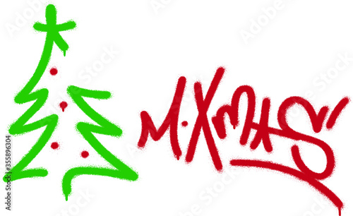 Spray graffiti tag ''M.Xmas'' (abbreviation ''Merry Christmas'') and Christmas tree stylized illustration. Hand lettering typography.