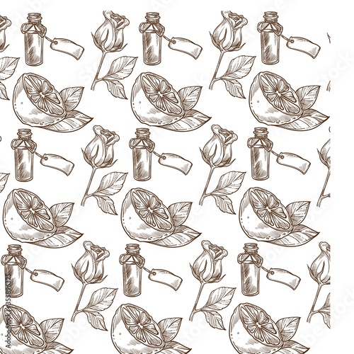 Aromatic water perfumed cosmetics, roses seamless pattern monochrome
