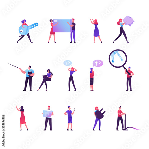 Set of Male and Female Characters Carry Huge Key, Credit Card and Piggy Bank. People Lost Password. Man Holding Map, Bicyclist Use Navigation Gps App for Mobile Phone. Cartoon Vector Illustration