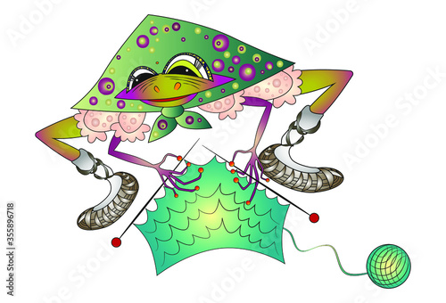 Smiling grandmother frog with typical russian boots is knitting. Cartoon character. Vector illustration