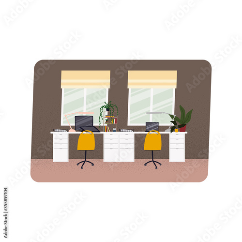 Home office hand drawn flat style vector illustration. Desk for two work spaces. Freelancer work place.
