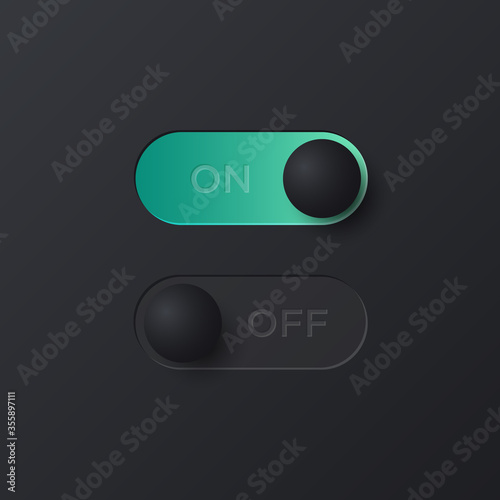 Soft black Neumorphist on and off toggle switch for UI interface. Trending Vector design UX element.