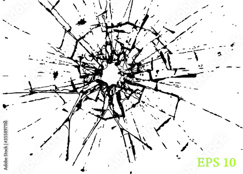 Broken glass, cracks, bullet marks on glass. High resolution. Texture glass with black hole. You can easy change colors or sizes.