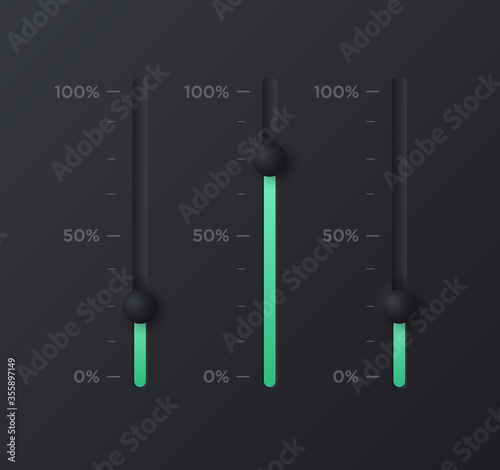 Soft black Sliders for UI interface in neumorphism style. Trending Vector design UX element.