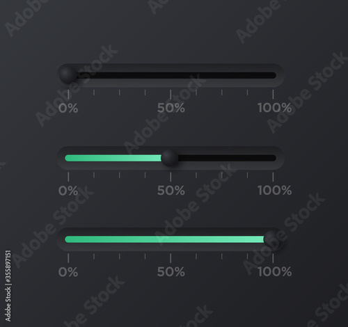 Soft black Neumorphism Sliders for UI interface. Trending Vector design UX element.