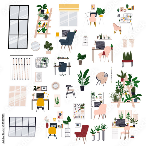 Workplaces at home. Home office doodle illustrations. Tables, chairs, lamps, books, organizers, mood boards, indoor plants etc. Good for prints, stickers, banners, posters etc.