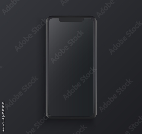 Realistic black clay style smartphone illustration with blank screen. Template for presentation of UI design interface or infographics. Vector cellphone mockup for UX design concept.