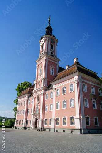 Basilica Birnau, a baroque church at Lake Constance under a clear blue sky.