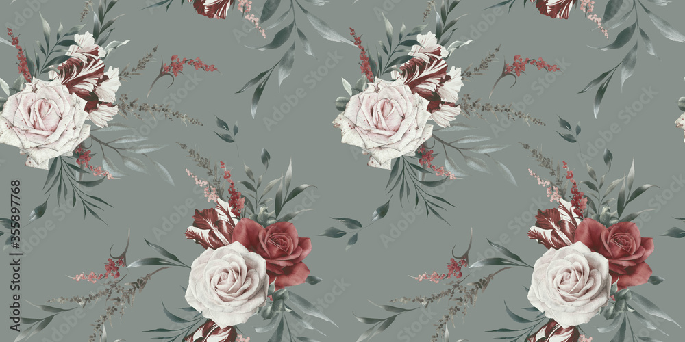 Fototapeta ciemna zieleń bukiety kwiatów