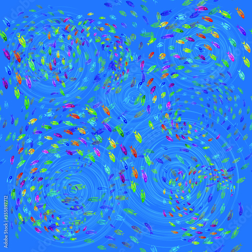 Seamless pattern. Colorful fish vortex on blue backround. Vector graphic illustration.	