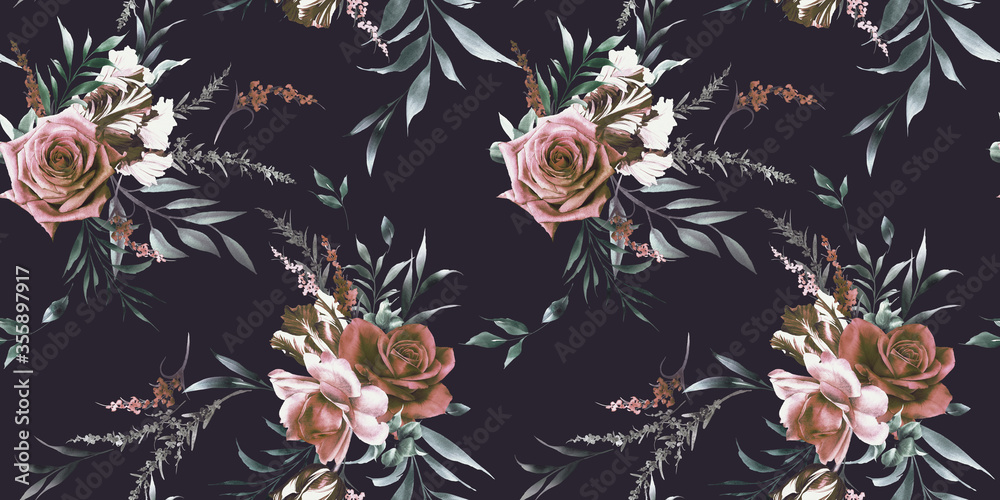 Fototapeta retro kwiaty z liśćmi na czarnej ścianie