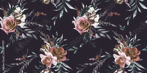 Fototapeta retro kwiaty z liśćmi na czarnej ścianie