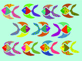 Colorful fish set on light blue color backround. Vector graphic illustration.