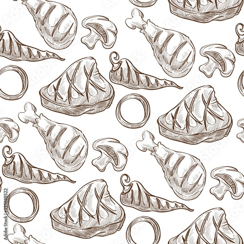 Grilled meat steak, barbequed vegetables food seamless pattern