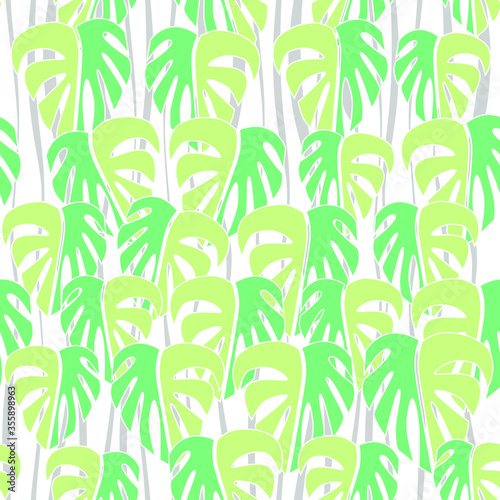 Seamless pattern. Light green contour leaves and gray waves on white backround. Vector graphic illustration.