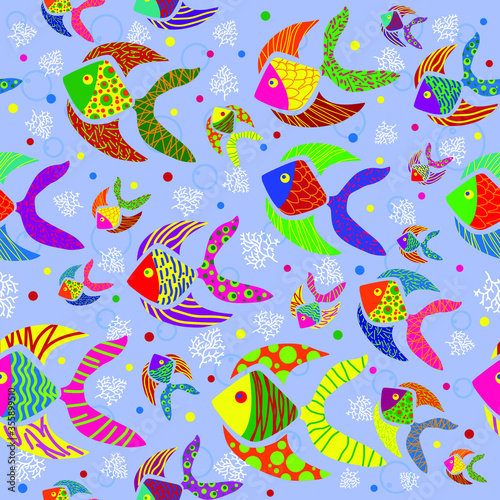 Seamless pattern. Colorful fish on light blue color backround. Vector graphic illustration.