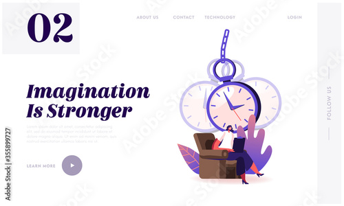 Doctor Treat Mental Disorder Using Hypnosis Landing Page Template. Professional Psychiatrist Female Character Write in Notebook with Huge Swinging Pocket Watch above Head. Cartoon Vector Illustration