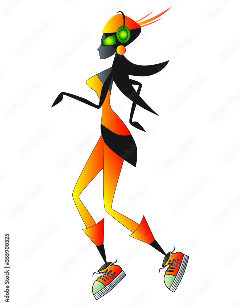 Elegant fashion jogging woman wearing cool sneakers and orange suit. Vector illustration.