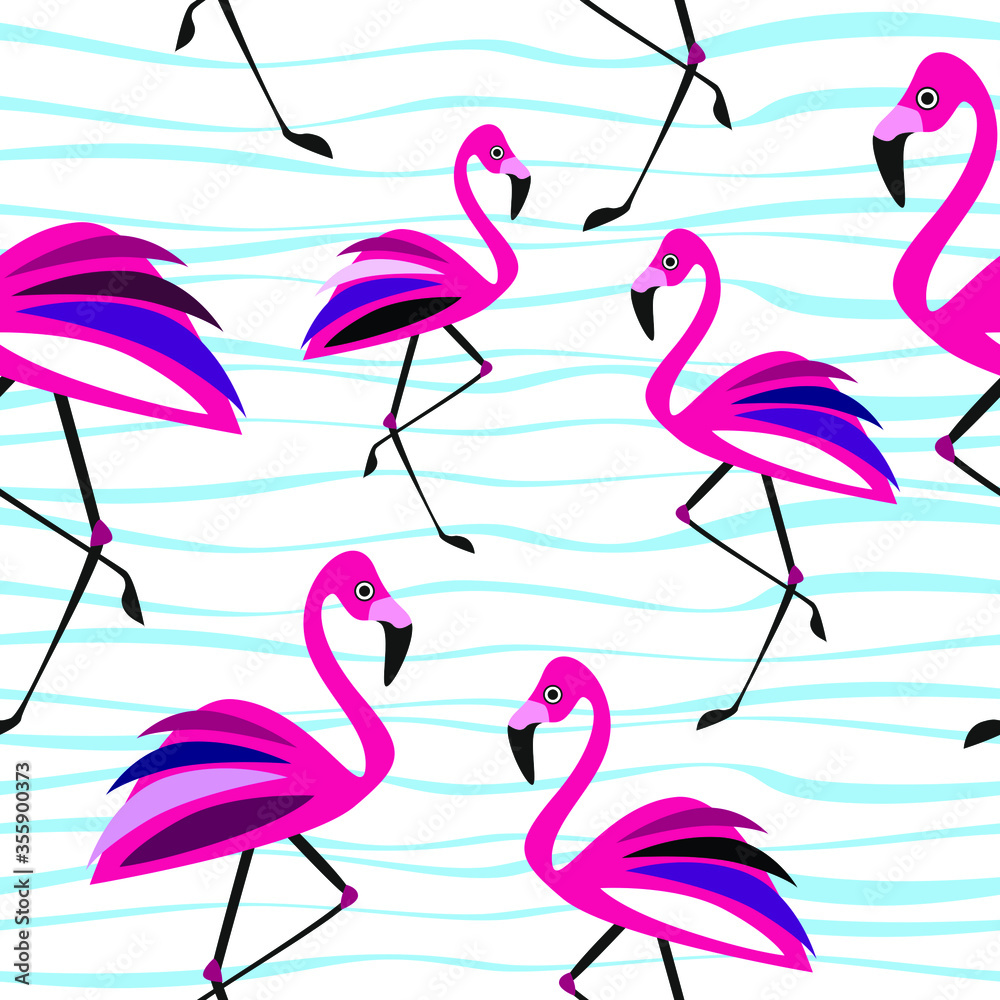 Obraz premium Pink stylized flamingos and waves on white backround. Vector graphic illustration. Seamless pattern.