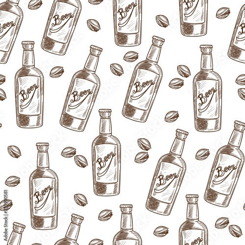 Beer and pistachio, snack and alcoholic beverage seamless pattern