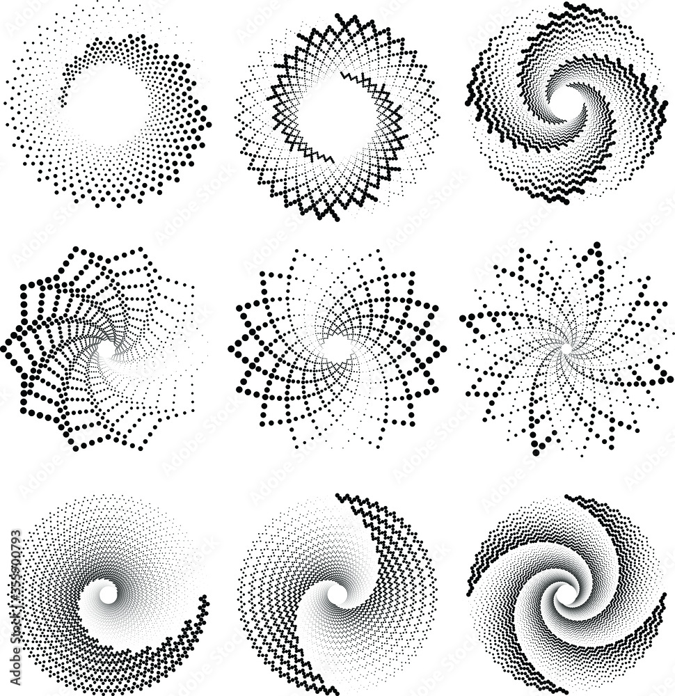 Set of black zigzag dotted lines. Spiral and circle form. Geometric art.  Trendy design element for logo, tattoo, sign, symbol, web pages, prints,  posters, template, pattern and abstract background Stock Vector |
