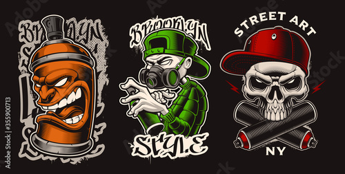 Set of vector illustrations with graffiti characters. Designs for apparel, logos, posters, and many other uses.