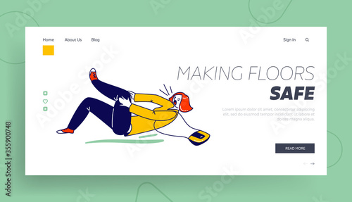 Danger Accident, Slip and Stumble Landing Page Template. Female Character Slipping and Falling on Wet Floor Puddle. Woman Lying on Floor Crying of Pain in Leg Got Trauma. Linear Vector Illustration