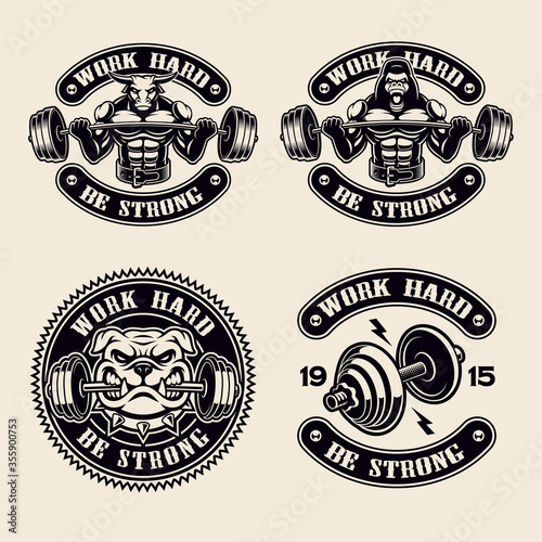 Set of vector logos, badges, shirt print for gym theme, isolated on the white background.
