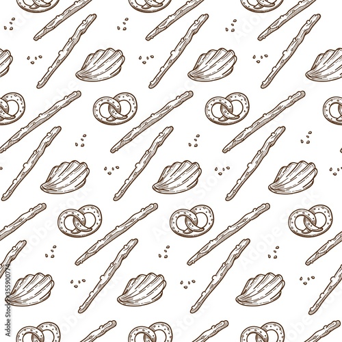 Traditional German baked pretzels, salty sticks seamless pattern