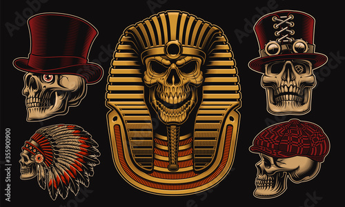 Set of vector skulls with different characters such as an Egyptian pharaoh, an Indian chief and other skulls in hats