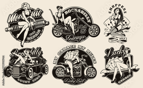 Set of vintage pin-up girls for apparel, logos, posters, and many other uses.