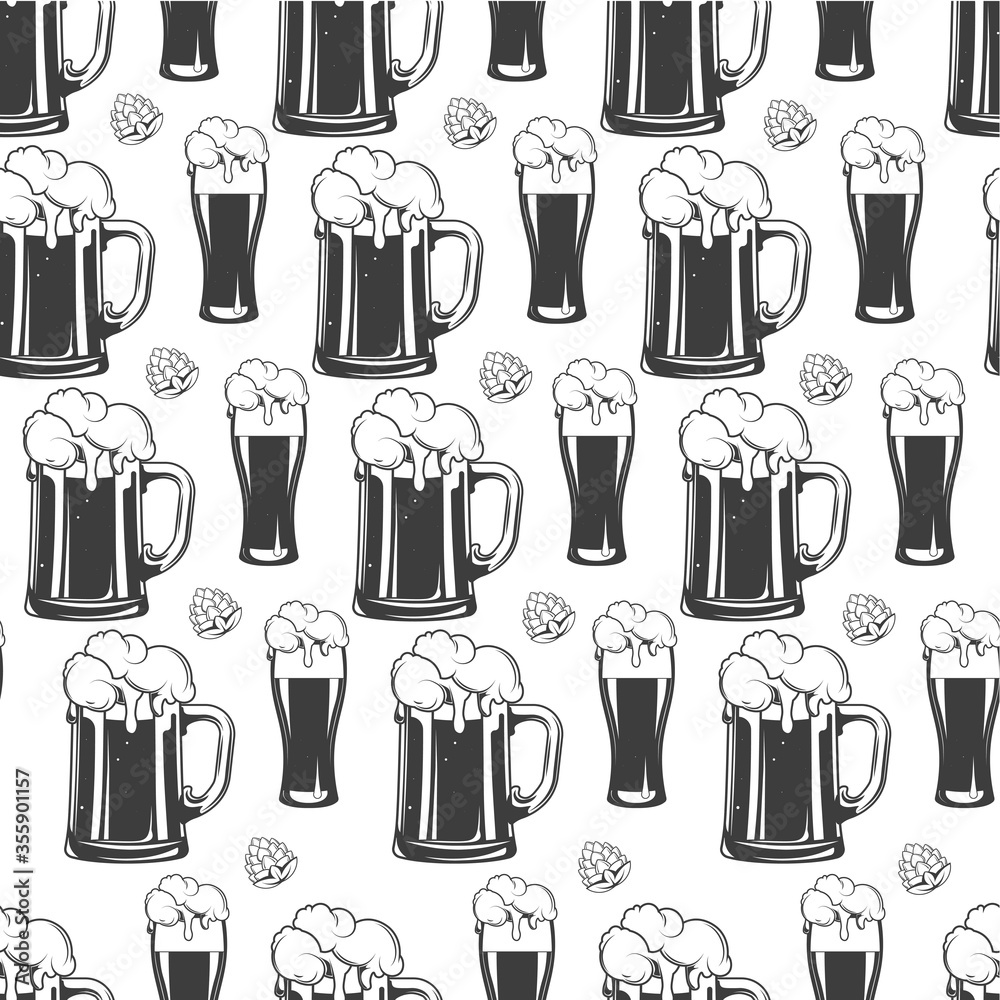 Pints of beer with foam, alcoholic beverage seamless pattern
