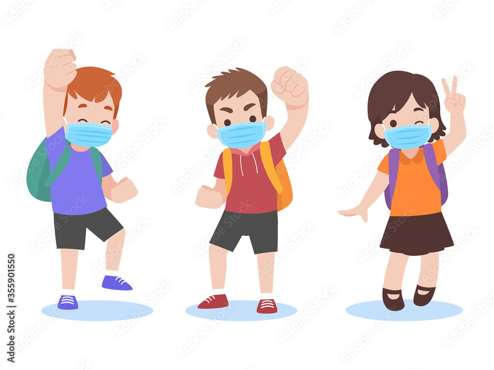 Set of children in new normal life wearing a surgical protective Medical mask for prevent coronavirus ready go to school, Back to school Health care concept. Set of children in new normal life wearing a surgical protective Medical mask for prevent coronavirus ready go to school, Back to school Health care concept.
