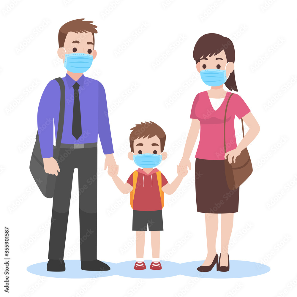 Parents take their children to the school wearing a surgical face mask for prevent Coronavirus back to school Health care concept.