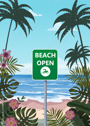 Summer beach banner Open. Seascape ocean shore tropical flora palms © hadeev