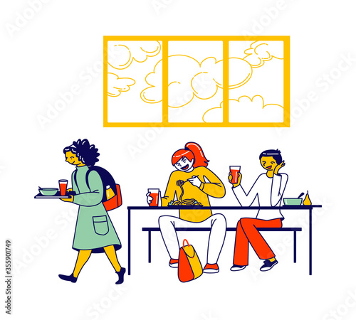 Children Characters Visiting in School Cafeteria. Canteen or Dining Hall with Pupils Carrying Trays with Meals, Sitting at Tables and Eating Lunch, Buying Snacks. Linear People Vector Illustration