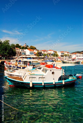 Greece, Skiathos island, fishing boats at the harbor, May 6 2012.
