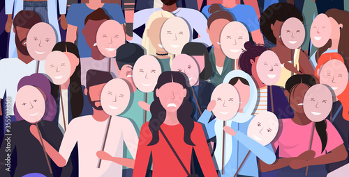 people crowd holding positive masks men women group covering face emotions behind masks fake feeling depression mental disorder concept full length horizontal vector illustration