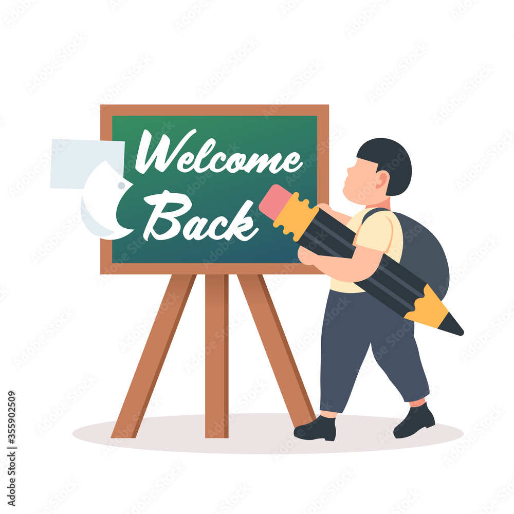 schoolboy holding pencil standing in front of chalk board with welcome back text coronavirus quarantine is over concept full length vector illustration schoolboy holding pencil standing in front of chalk board with welcome back text coronavirus quarantine is over concept full length vector illustration
