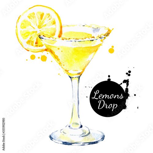 Hand drawn sketch watercolor cocktail Lemons Drop. Vector isolated food illustration
