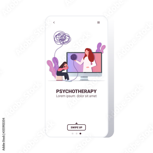 woman visited psychologist female psychotherapist consulting patient during online psychotherapy session mental health concept smartphone screen copy space vector illustration
