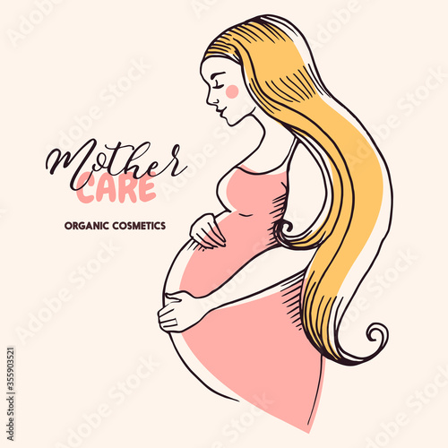 Hand drawn sketch beautiful pregnant profile mother silhouette. Woman vector illustration. Happy Mothers Day card