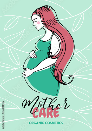 Hand drawn sketch beautiful pregnant profile mother silhouette. Woman vector illustration. Happy Mothers Day card