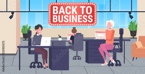 businesspeople sitting at workplaces with laptops back to business board coronavirus quarantine is over concept office interior horizontal full length vector illustration